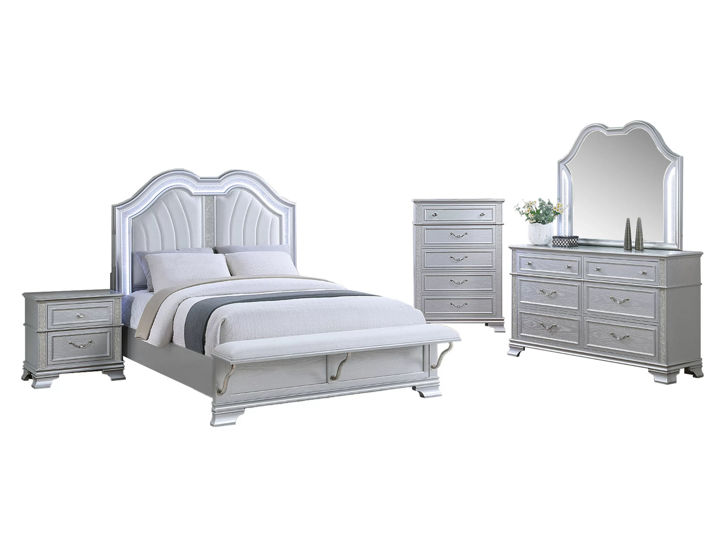 Aidee Queen Bed With LED and Footboard Bench