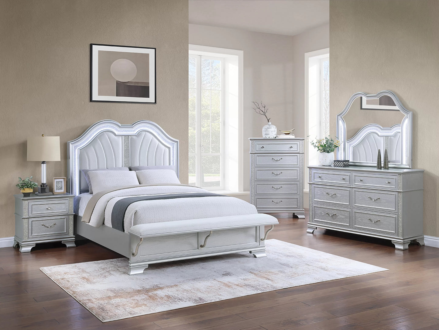 Aidee Queen Bed With LED and Footboard Bench