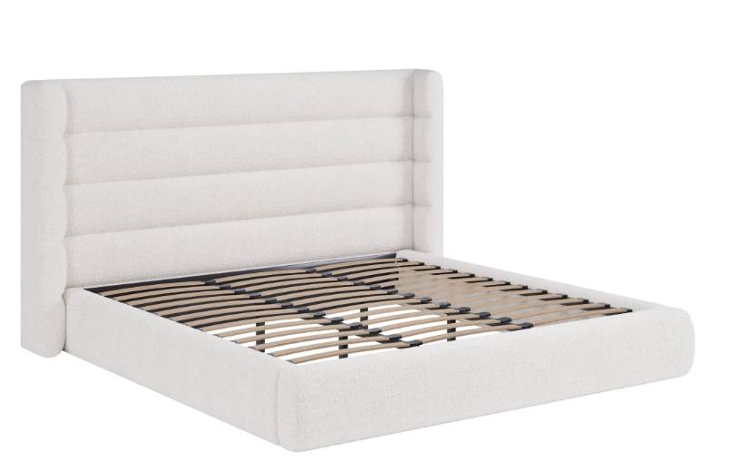 Upholstered Wingback Platform Bed in Cottage Cheese Boucle